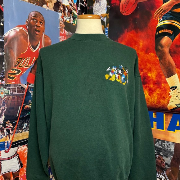 Disney Other - Vintage‎ 90s Disney Mickey Donald Goofy Embroidered Green Sweatshirt Sz 2XL